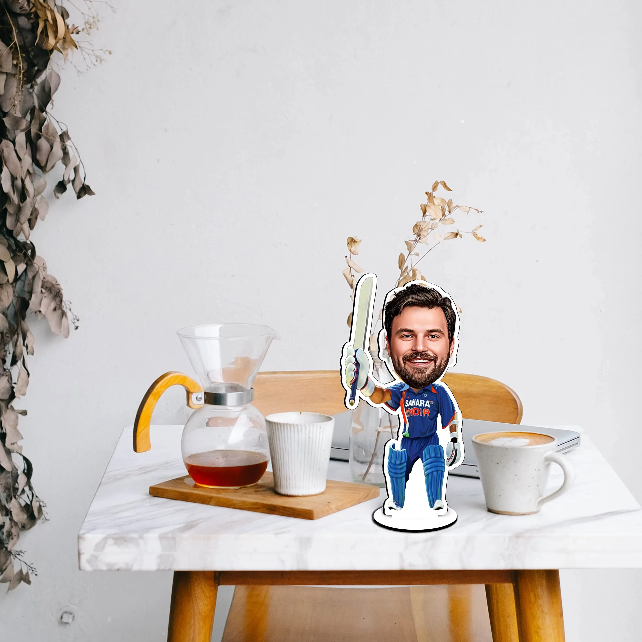 Trove Treasure Wood Caricature Personalized Gifts For Men Cricket Height 8 Inch (Car-09), Wall Mount, Multi-coloured, Rectangular